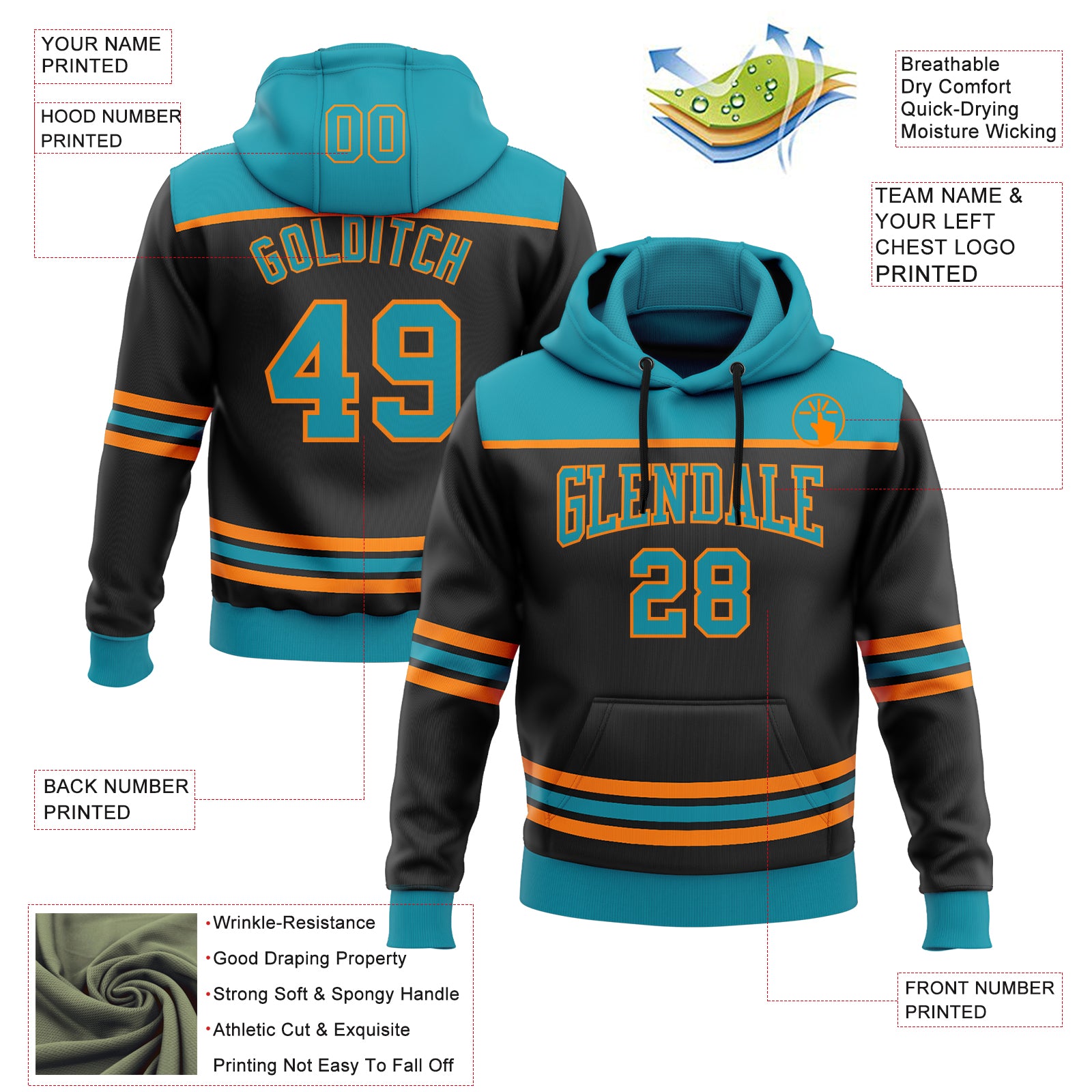 Custom Black Teal-Bay Orange 3D Pattern Design Game Day San Jose Inspired Sports Pullover Sweatshirt Hoodie