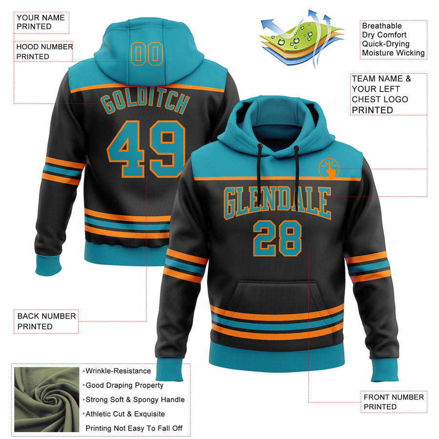 Custom Black Teal-Bay Orange 3D Pattern Design Game Day San Jose Inspired Sports Pullover Sweatshirt Hoodie