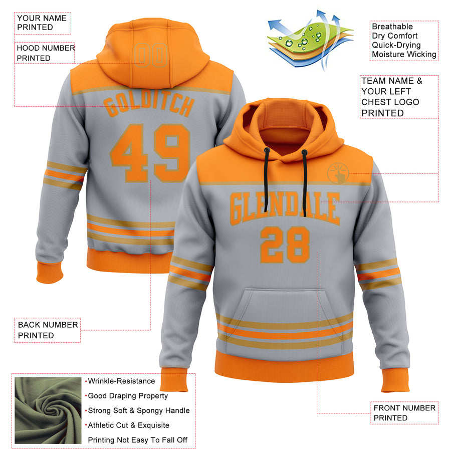 Custom Gray Bay Orange-Old Gold 3D Pattern Design Game Day Anaheim Inspired Sports Pullover Sweatshirt Hoodie