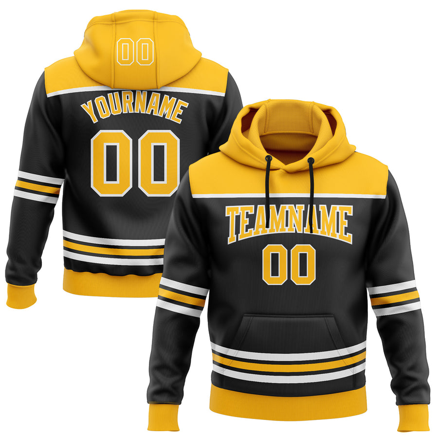 Custom Black Gold-White 3D Pattern Design Game Day Boston Inspired Sports Pullover Sweatshirt Hoodie