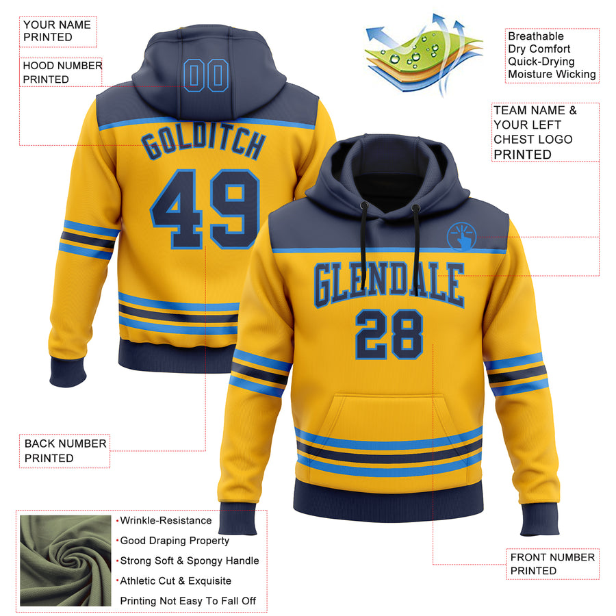 Custom Gold Navy-Powder Blue 3D Pattern Design Game Day Nashville Inspired Sports Pullover Sweatshirt Hoodie