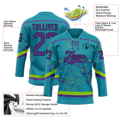 Custom Teal Purple Neon Green-Black 3D Pattern Fragment Art Hockey Lace Neck Jersey