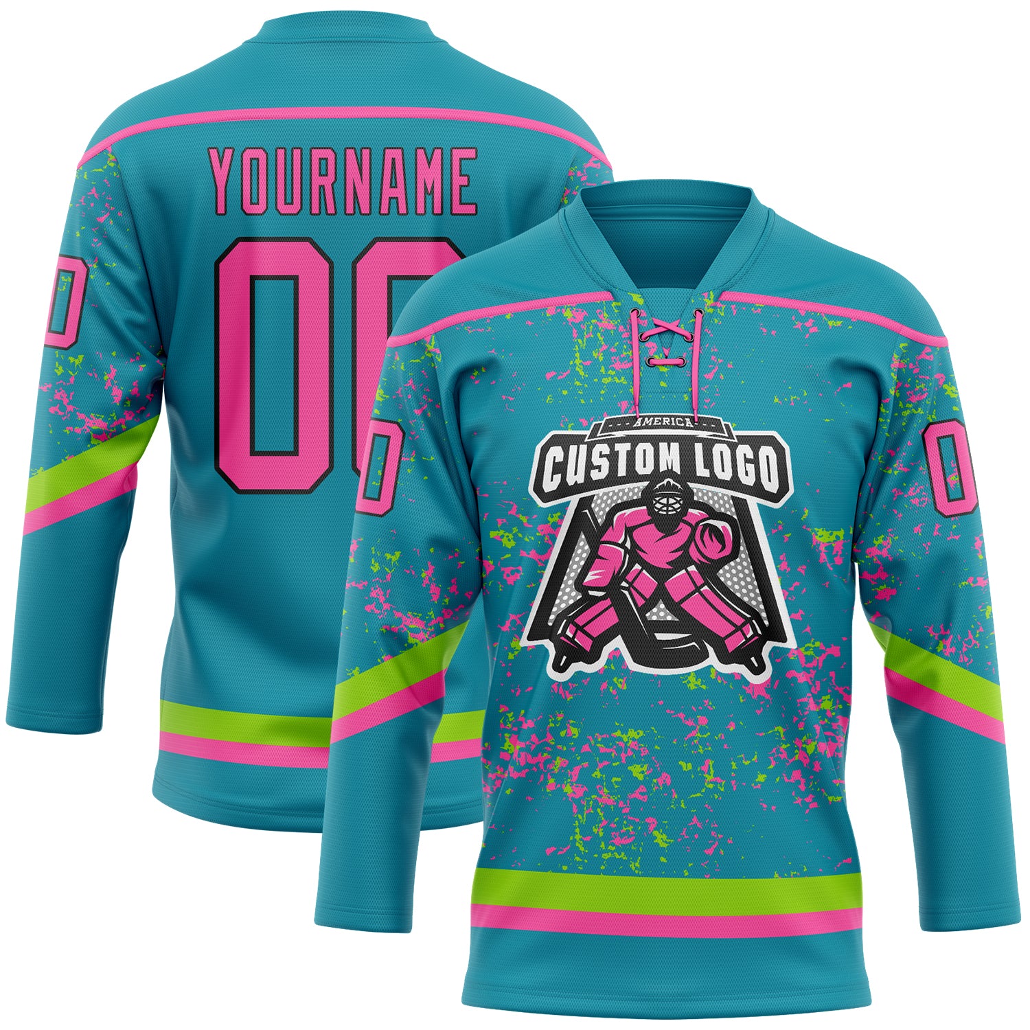 Custom Teal Pink Neon Green-Black 3D Pattern Fragment Art Hockey Lace Neck Jersey