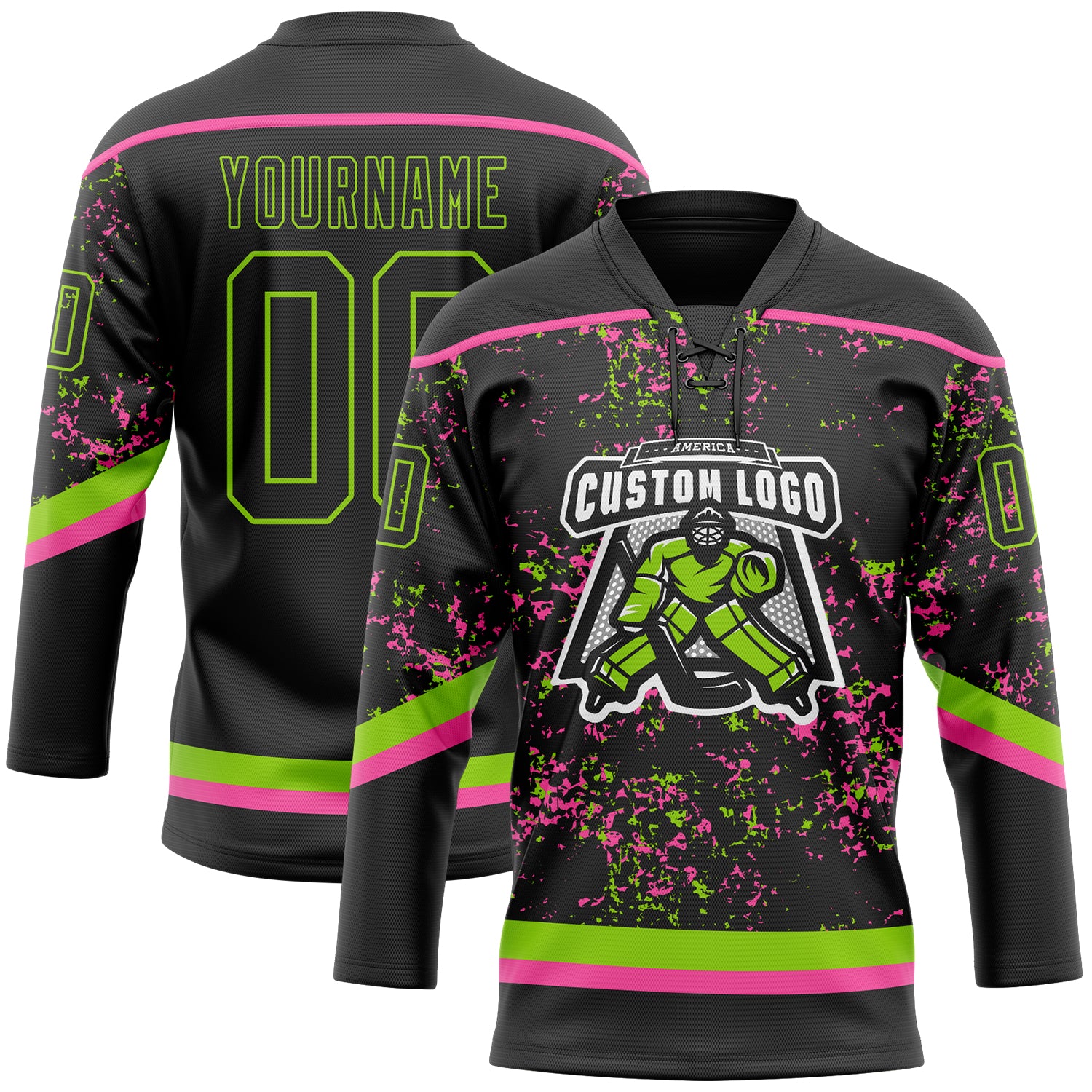 Custom Black Neon Green-Pink 3D Pattern Fragment Art Hockey Lace Neck Jersey