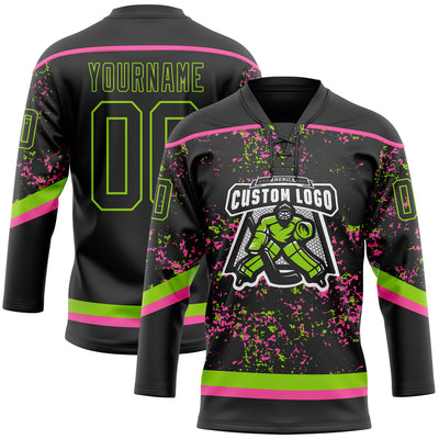 Custom Black Neon Green-Pink 3D Pattern Fragment Art Hockey Lace Neck Jersey