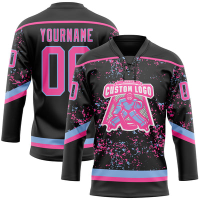 Custom Black Pink-Light Blue 3D Pattern Fragment Art Hockey Lace Neck Jersey
