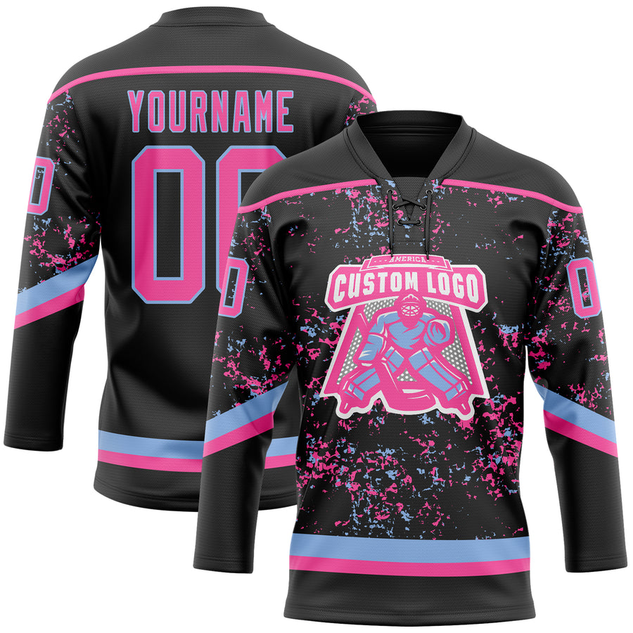 Custom Black Pink-Light Blue 3D Pattern Fragment Art Hockey Lace Neck Jersey