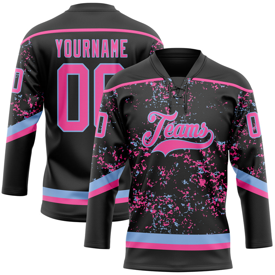 Custom Black Pink-Light Blue 3D Pattern Fragment Art Hockey Lace Neck Jersey