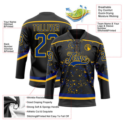 Custom Black Royal-Gold 3D Pattern Fragment Art Hockey Lace Neck Jersey