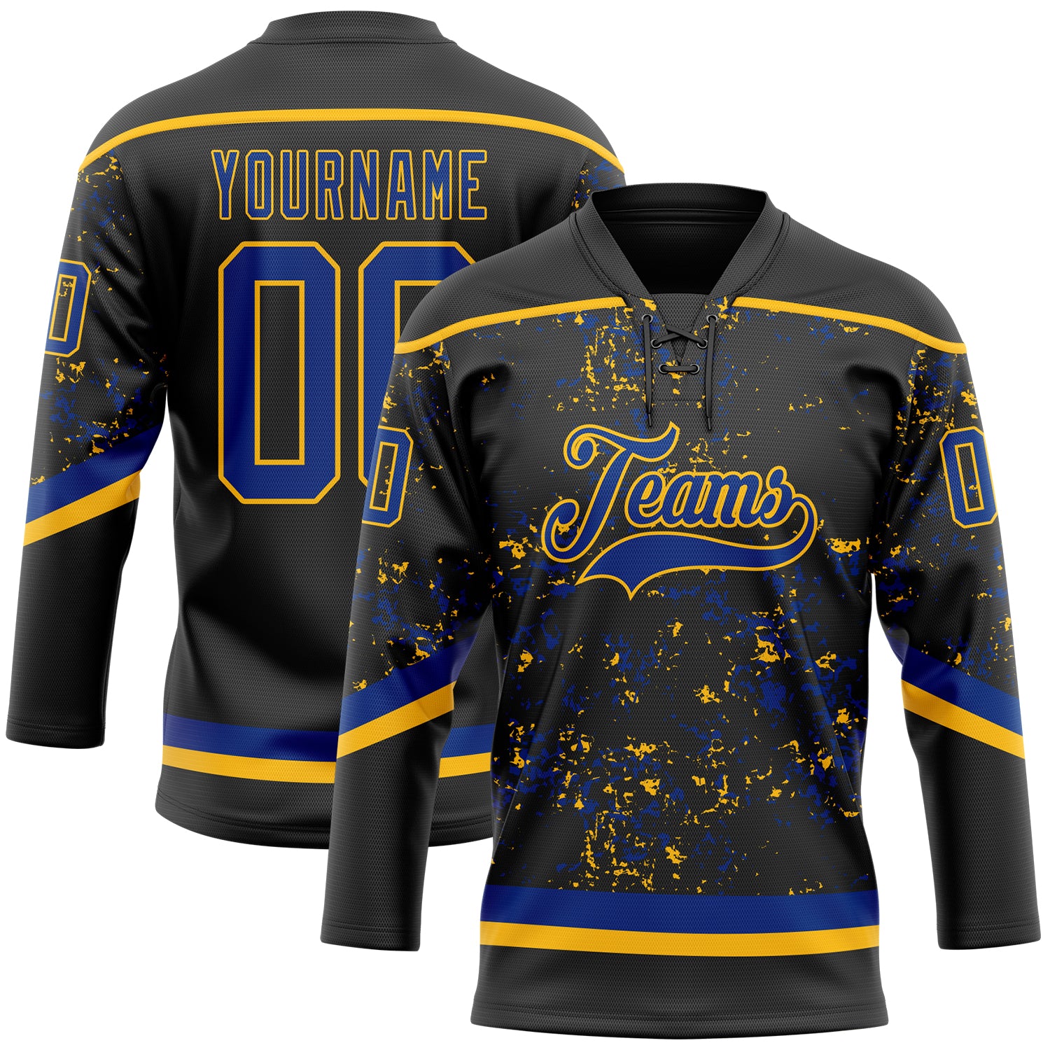 Custom Black Royal-Gold 3D Pattern Fragment Art Hockey Lace Neck Jersey