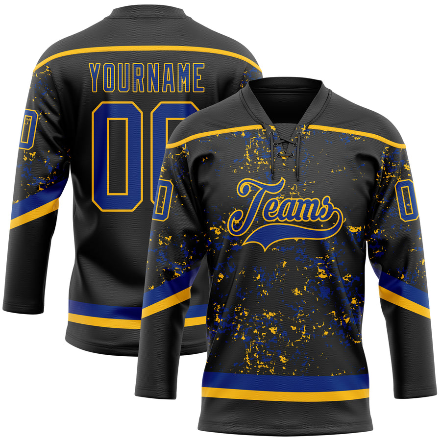 Custom Black Royal-Gold 3D Pattern Fragment Art Hockey Lace Neck Jersey
