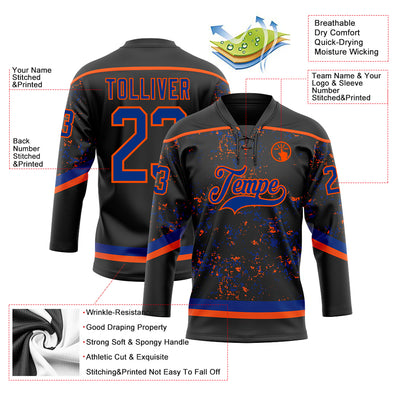 Custom Black Royal-Orange 3D Pattern Fragment Art Hockey Lace Neck Jersey