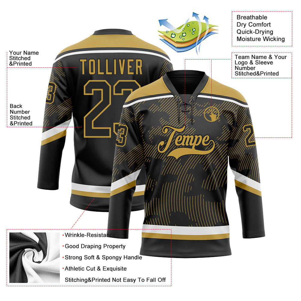 Custom Black Old Gold-White 3D Pattern Curve Lines Hockey Lace Neck Jersey