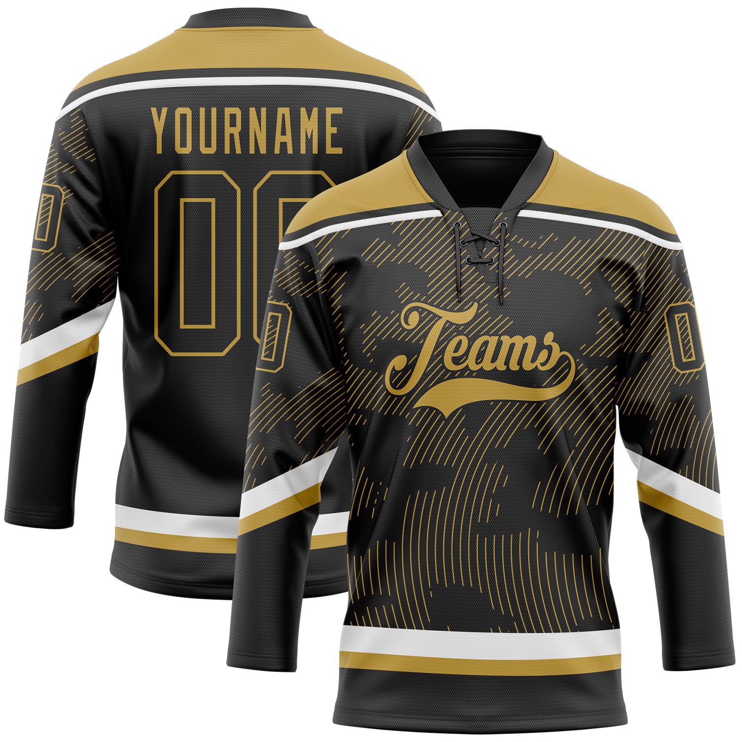 Custom Black Old Gold-White 3D Pattern Curve Lines Hockey Lace Neck Jersey