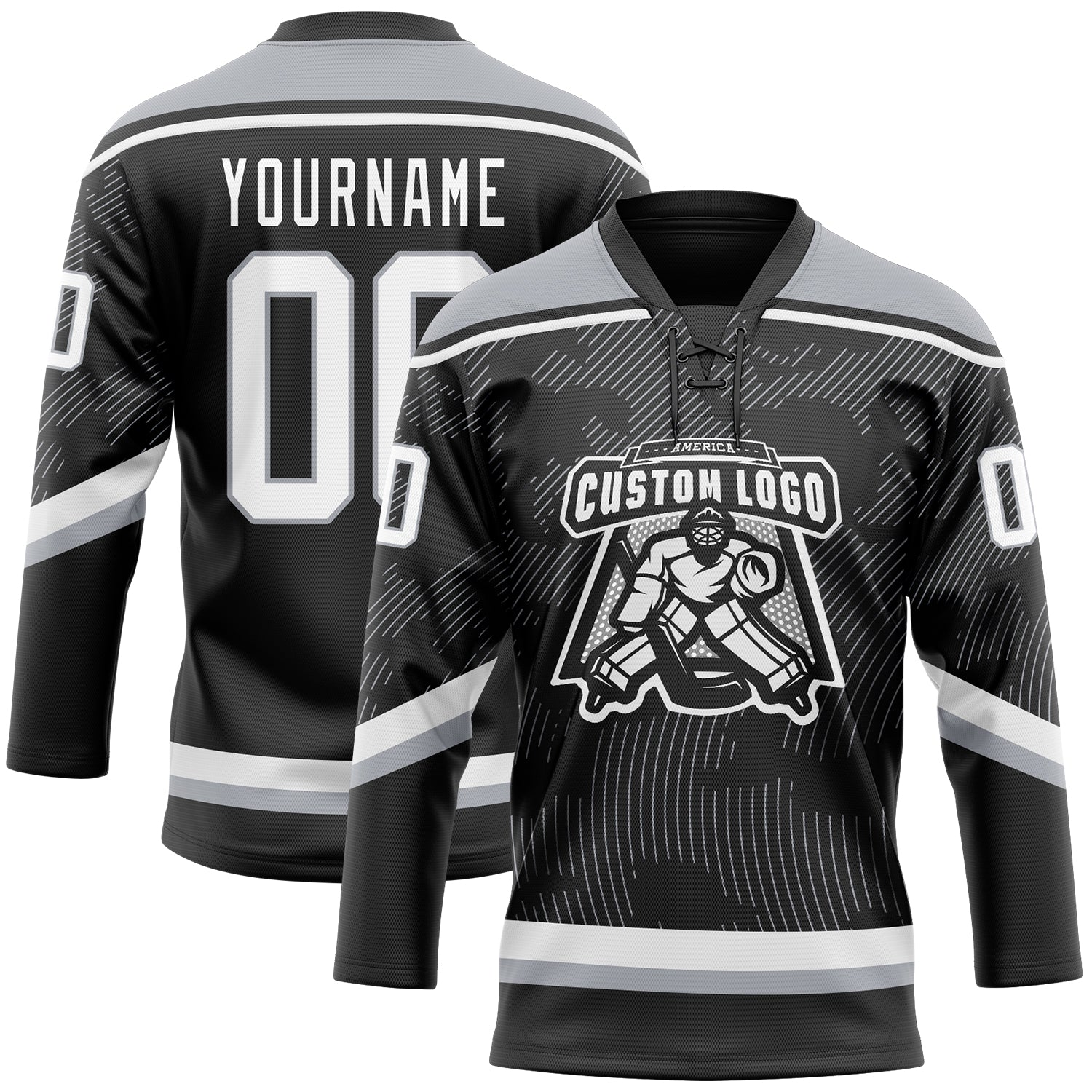 Custom Black White-Gray 3D Pattern Curve Lines Hockey Lace Neck Jersey