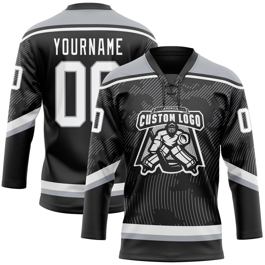 Custom Black White-Gray 3D Pattern Curve Lines Hockey Lace Neck Jersey
