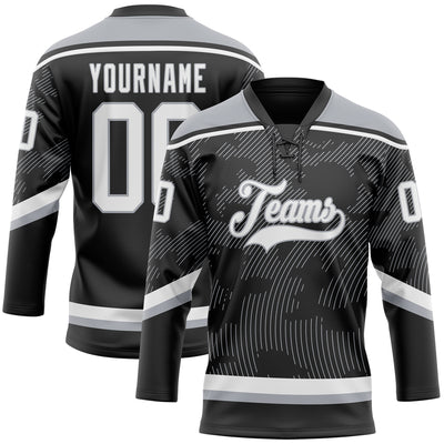 Custom Black White-Gray 3D Pattern Curve Lines Hockey Lace Neck Jersey