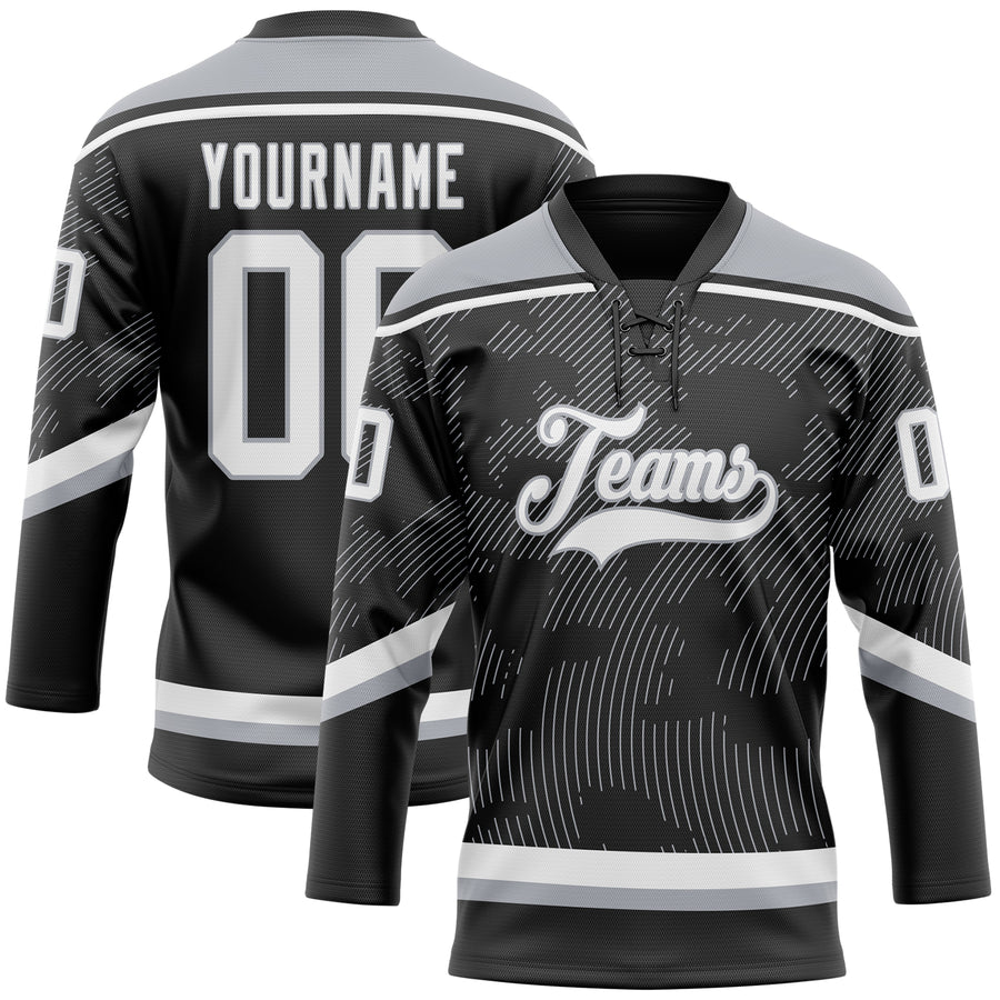 Custom Black White-Gray 3D Pattern Curve Lines Hockey Lace Neck Jersey
