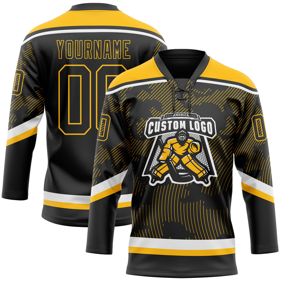 Custom Black Gold-White 3D Pattern Curve Lines Hockey Lace Neck Jersey