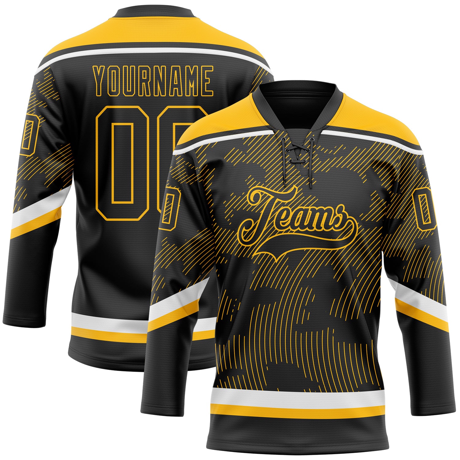 Custom Black Gold-White 3D Pattern Curve Lines Hockey Lace Neck Jersey