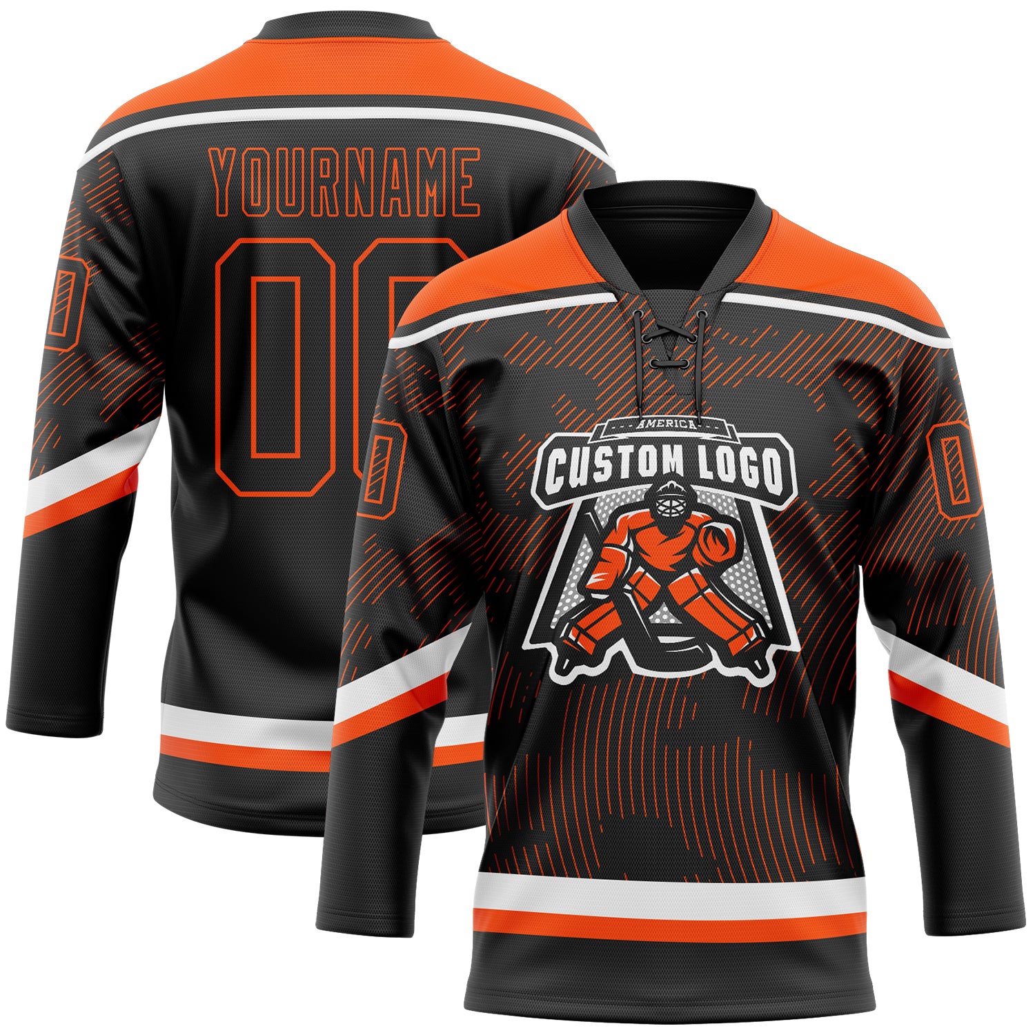 Custom Black Orange-White 3D Pattern Curve Lines Hockey Lace Neck Jersey