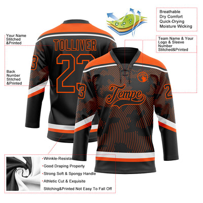Custom Black Orange-White 3D Pattern Curve Lines Hockey Lace Neck Jersey