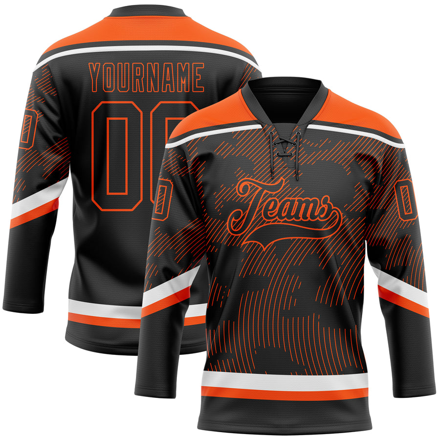 Custom Black Orange-White 3D Pattern Curve Lines Hockey Lace Neck Jersey