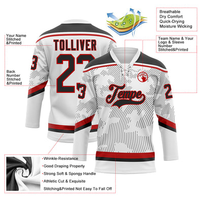 Custom White Black-Red 3D Pattern Curve Lines Hockey Lace Neck Jersey