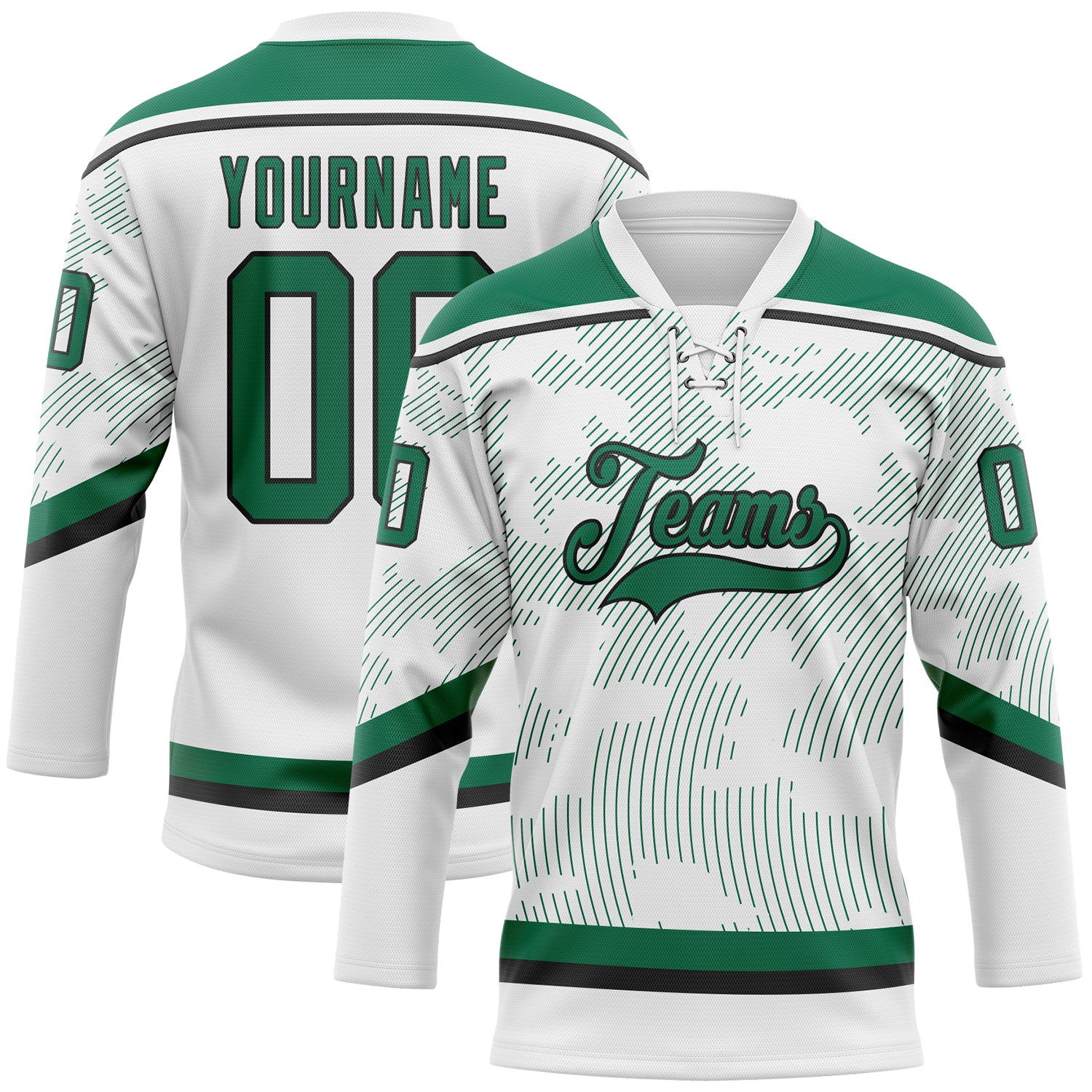 Custom White Kelly Green-Black 3D Pattern Curve Lines Hockey Lace Neck Jersey