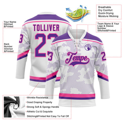 Custom White Purple-Pink 3D Pattern Curve Lines Hockey Lace Neck Jersey