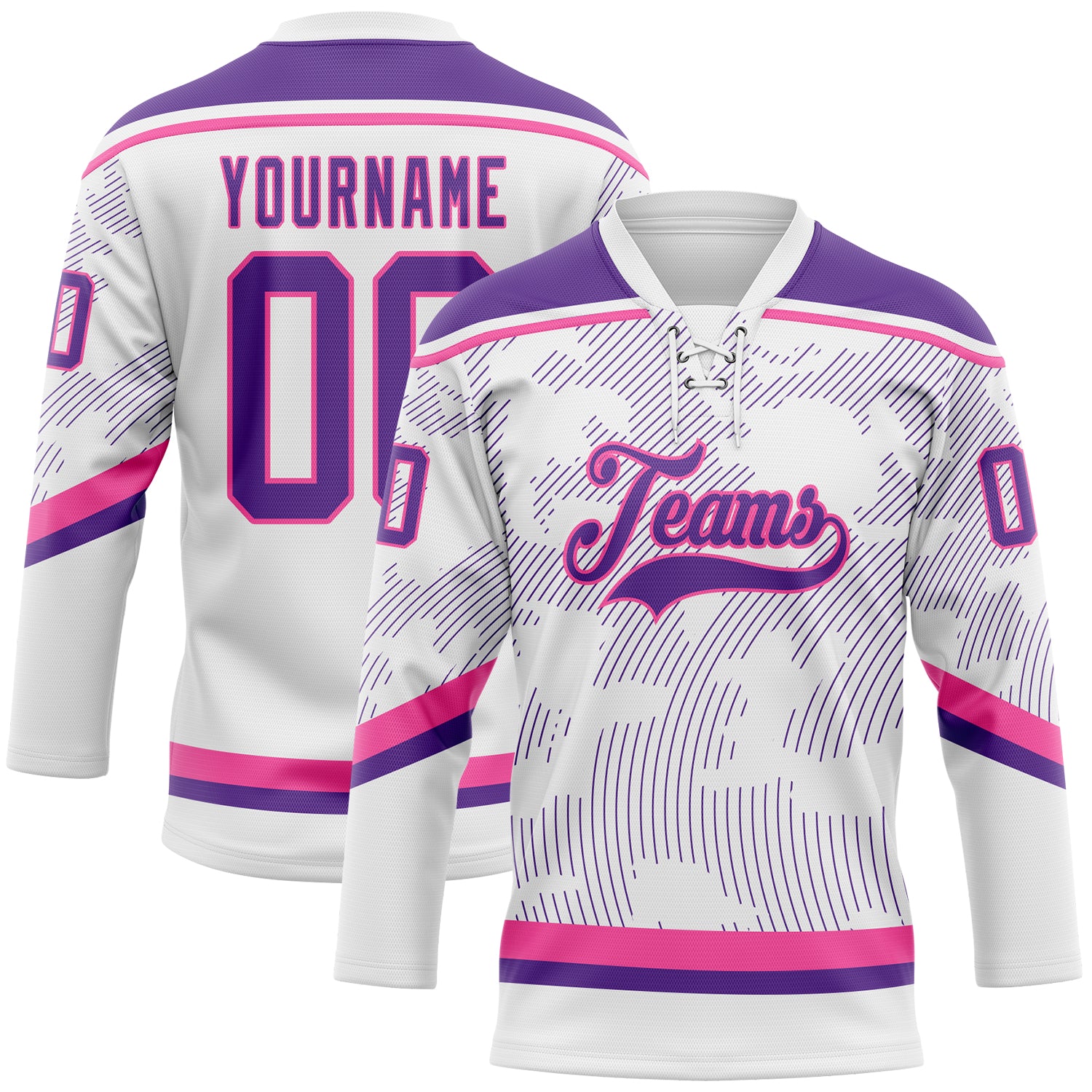 Custom White Purple-Pink 3D Pattern Curve Lines Hockey Lace Neck Jersey