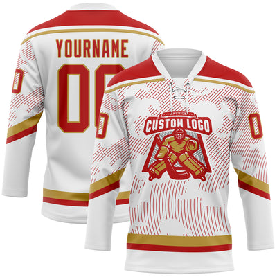 Custom White Red-Old Gold 3D Pattern Curve Lines Hockey Lace Neck Jersey