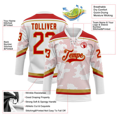 Custom White Red-Old Gold 3D Pattern Curve Lines Hockey Lace Neck Jersey