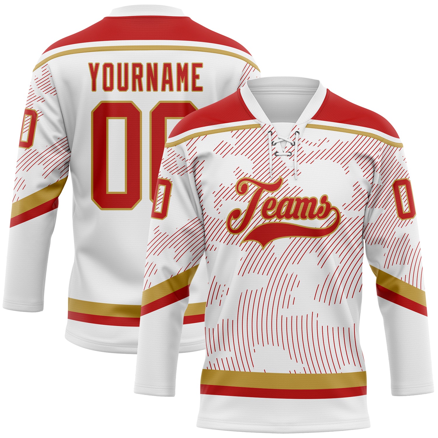 Custom White Red-Old Gold 3D Pattern Curve Lines Hockey Lace Neck Jersey