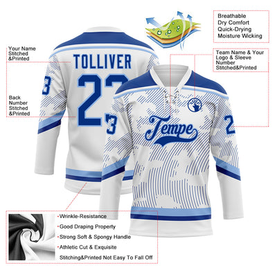 Custom White Royal-Light Blue 3D Pattern Curve Lines Hockey Lace Neck Jersey