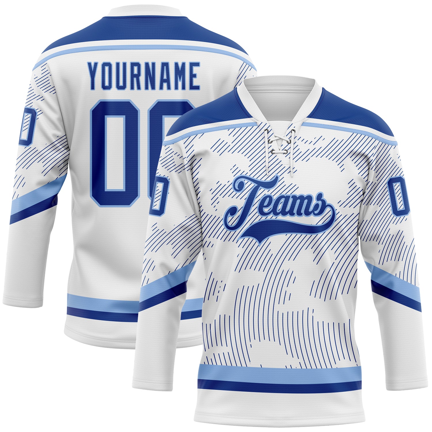 Custom White Royal-Light Blue 3D Pattern Curve Lines Hockey Lace Neck Jersey