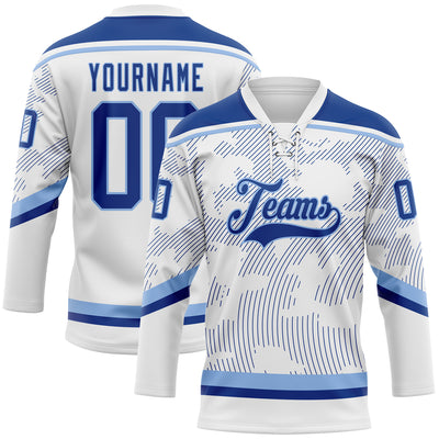 Custom White Royal-Light Blue 3D Pattern Curve Lines Hockey Lace Neck Jersey