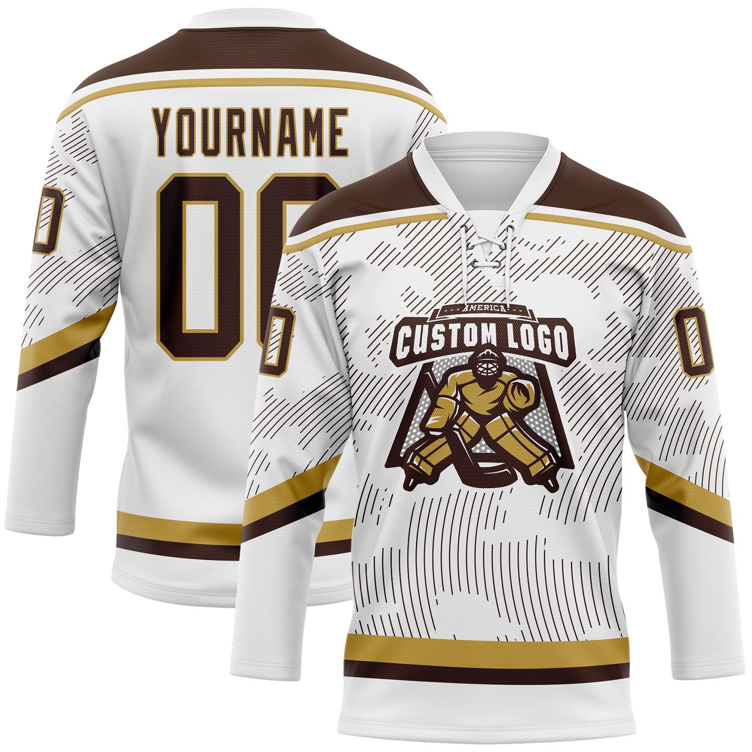Custom White Brown-Old Gold 3D Pattern Curve Lines Hockey Lace Neck Jersey
