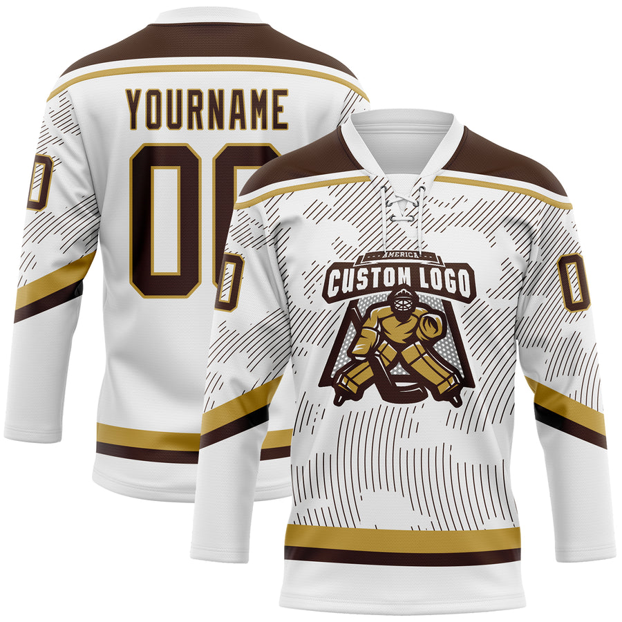 Custom White Brown-Old Gold 3D Pattern Curve Lines Hockey Lace Neck Jersey