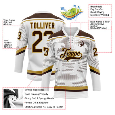 Custom White Brown-Old Gold 3D Pattern Curve Lines Hockey Lace Neck Jersey