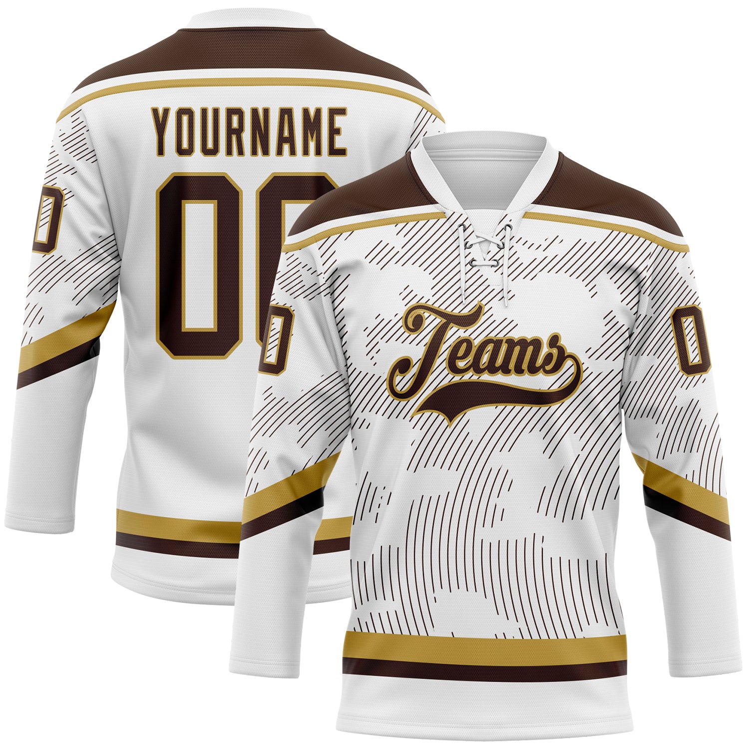 Custom White Brown-Old Gold 3D Pattern Curve Lines Hockey Lace Neck Jersey