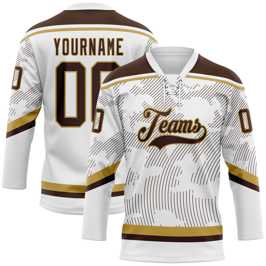 Custom White Brown-Old Gold 3D Pattern Curve Lines Hockey Lace Neck Jersey