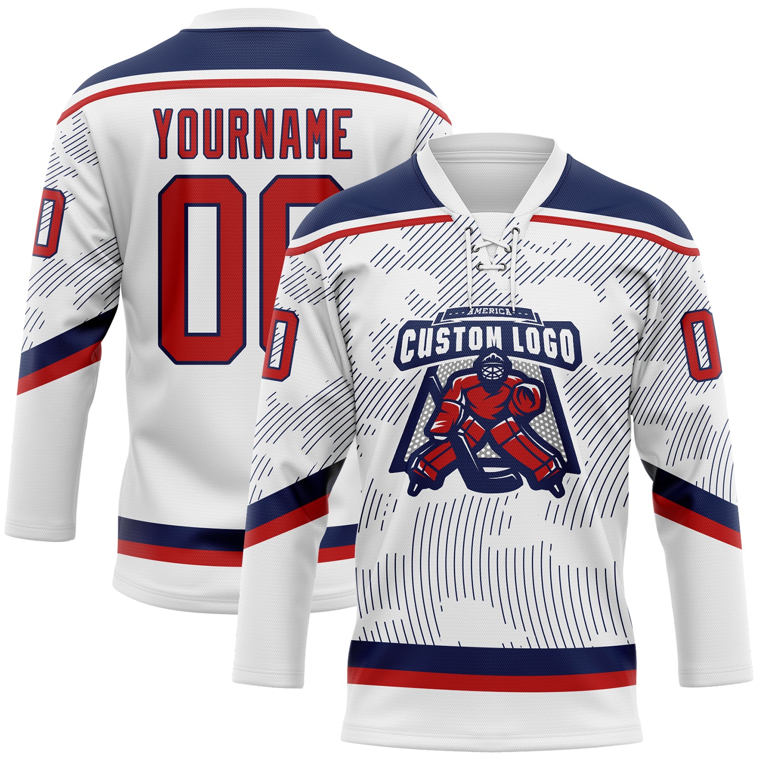 Custom White Red-Navy 3D Pattern Curve Lines Hockey Lace Neck Jersey