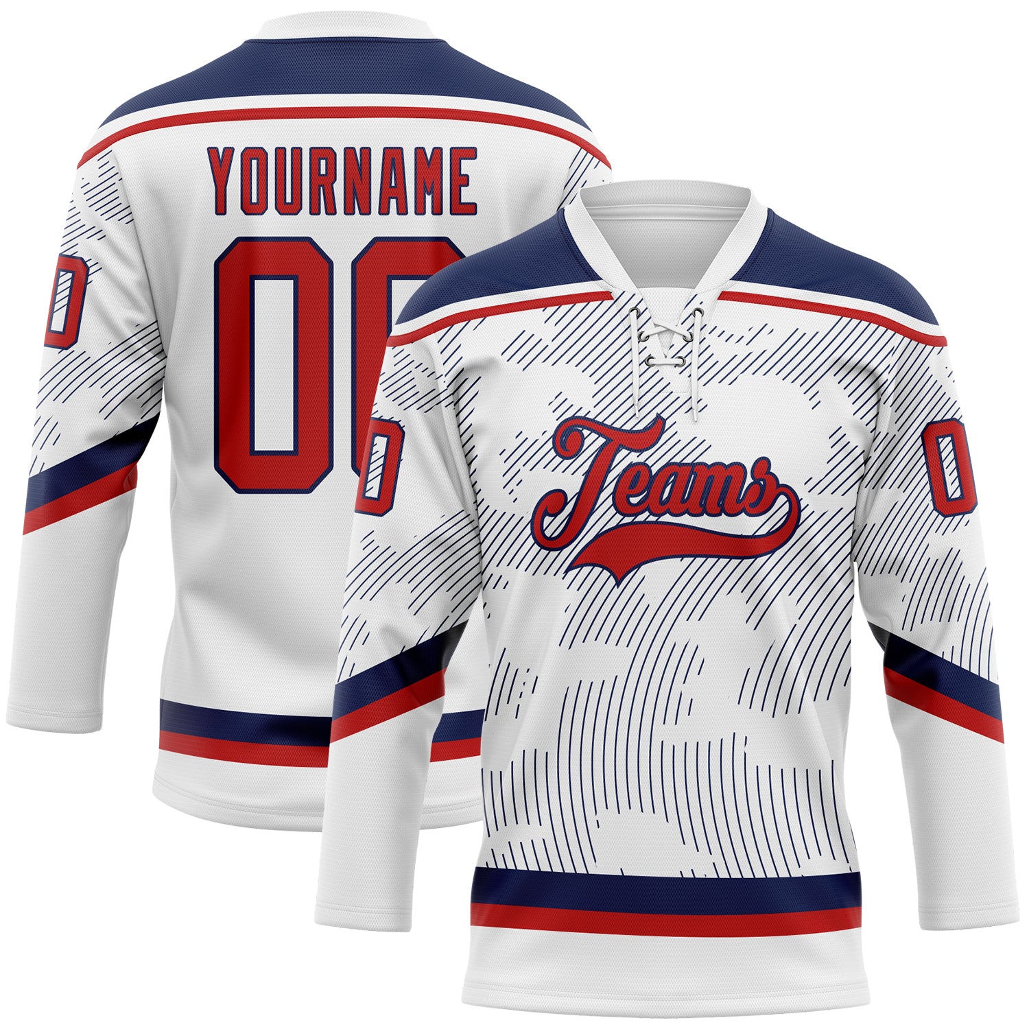 Custom White Red-Navy 3D Pattern Curve Lines Hockey Lace Neck Jersey