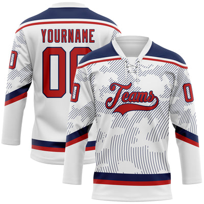 Custom White Red-Navy 3D Pattern Curve Lines Hockey Lace Neck Jersey