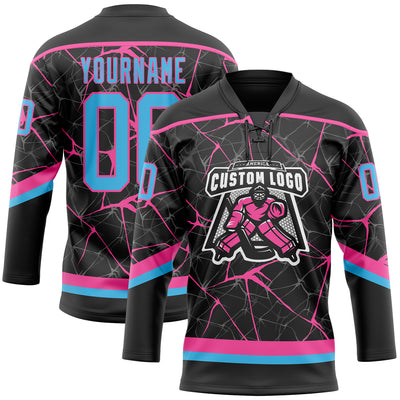 Custom Black Sky Blue-Pink 3D Pattern Abstract Network Hockey Lace Neck Jersey