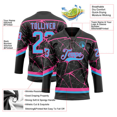 Custom Black Sky Blue-Pink 3D Pattern Abstract Network Hockey Lace Neck Jersey