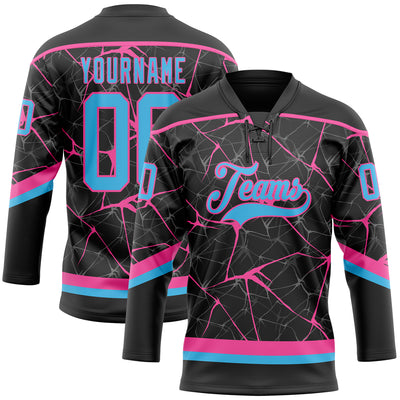 Custom Black Sky Blue-Pink 3D Pattern Abstract Network Hockey Lace Neck Jersey