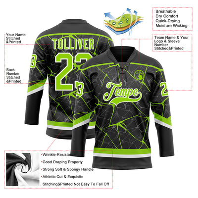 Custom Black Neon Green-White 3D Pattern Abstract Network Hockey Lace Neck Jersey