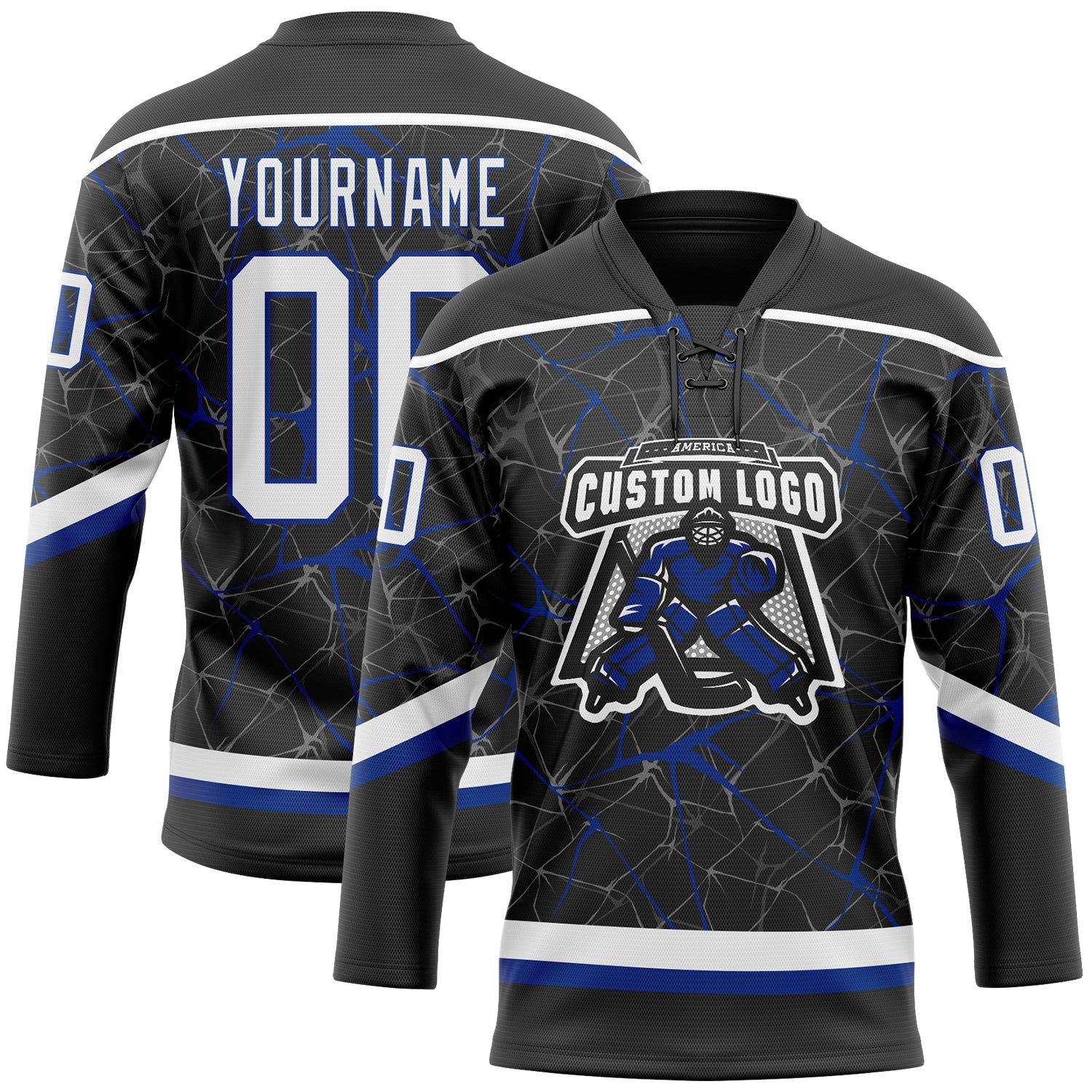 Custom Black White-Royal 3D Pattern Abstract Network Hockey Lace Neck Jersey